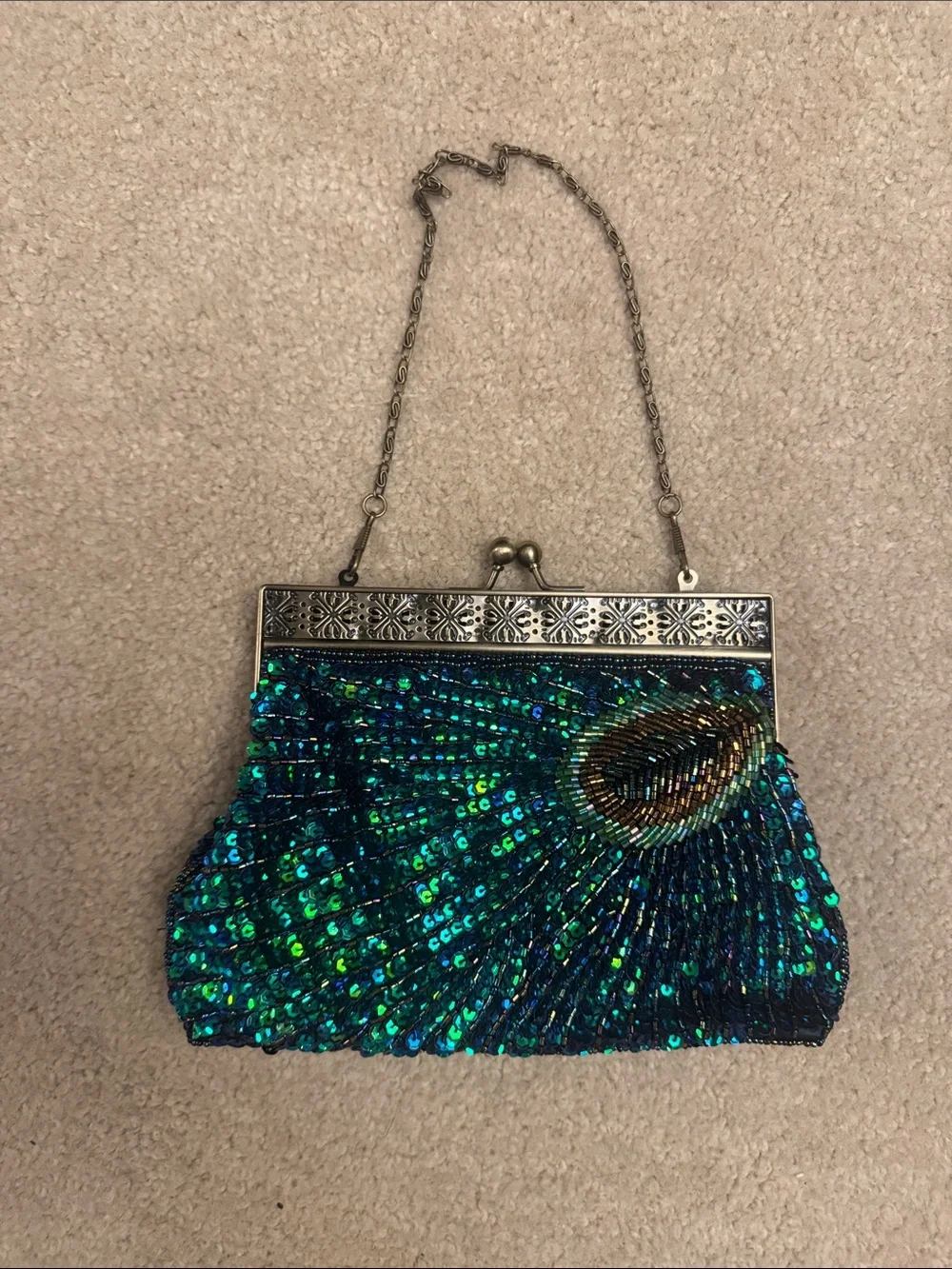 Beaded Peacock Sequin Evening Clutch - Teal